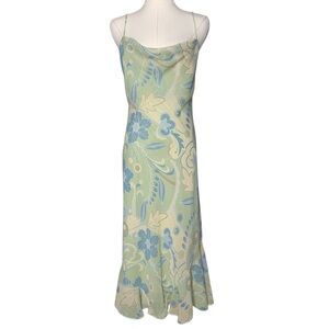 Vintage 90s Green Floral Cowl Neck Strappy Maxi Dress Bohemian Hippie Earth Tone